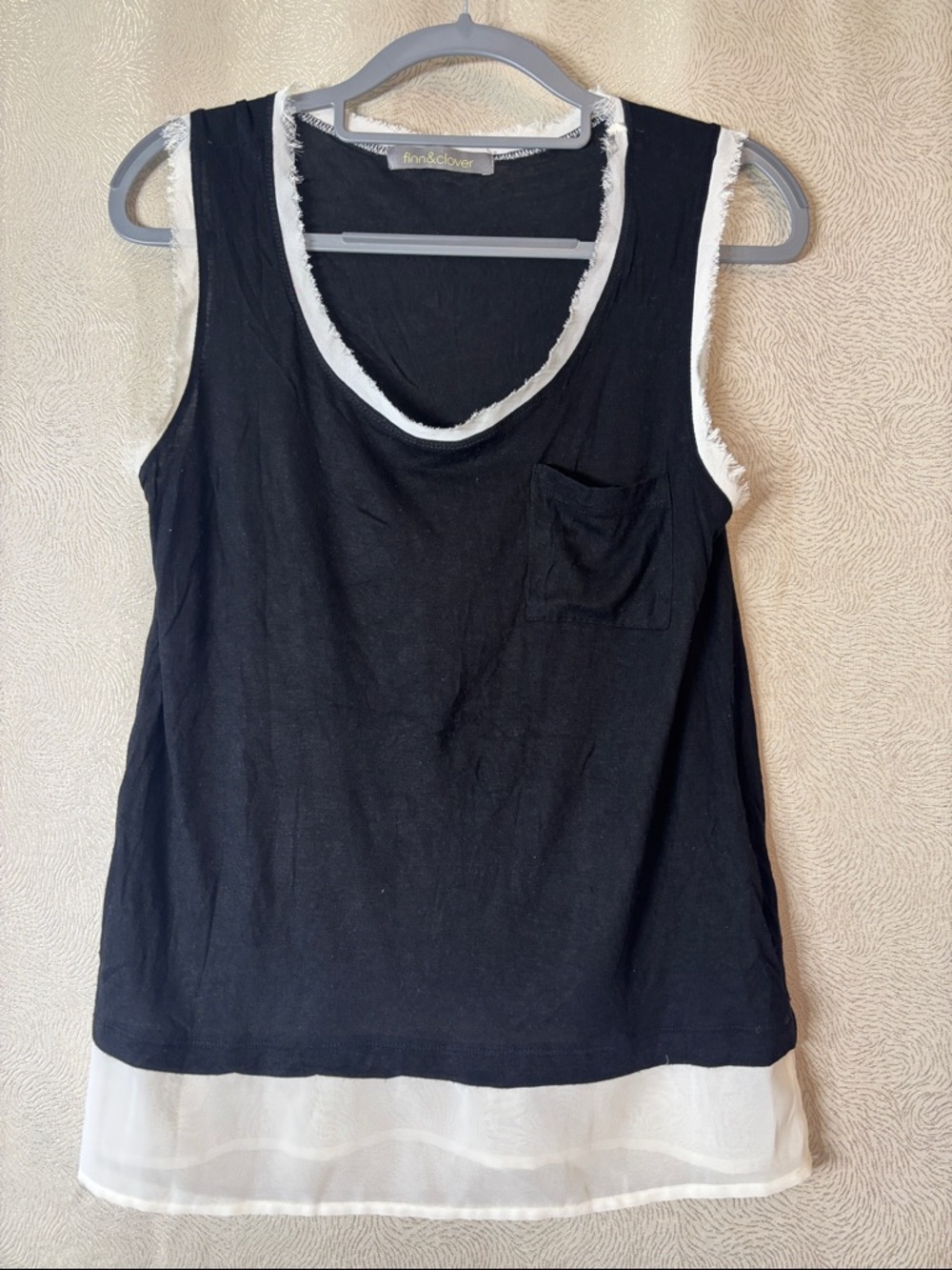 finn & clover Black Tank with White Trim and Sheer Hem 0205